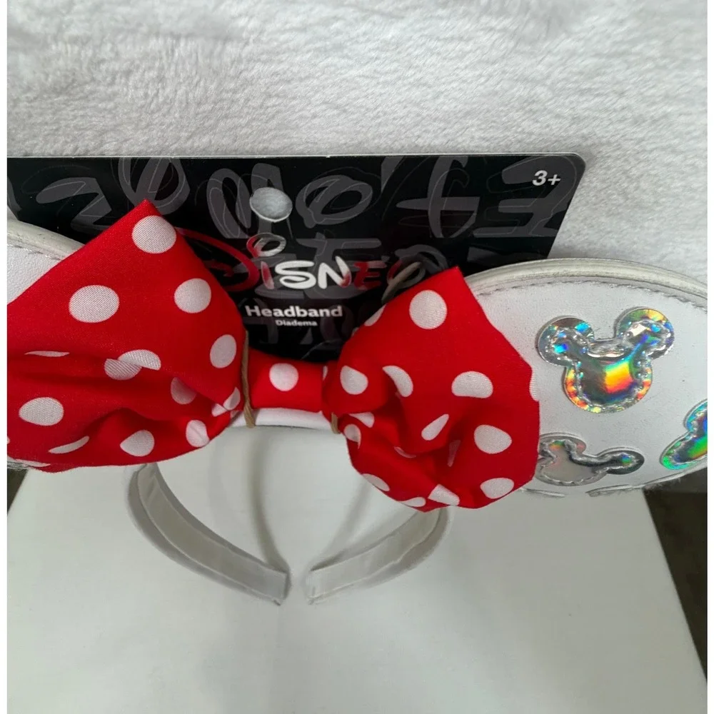 Disney Minnie Mouse Ears Headband White Iridescent Mickey Polka Dot Bow NEW